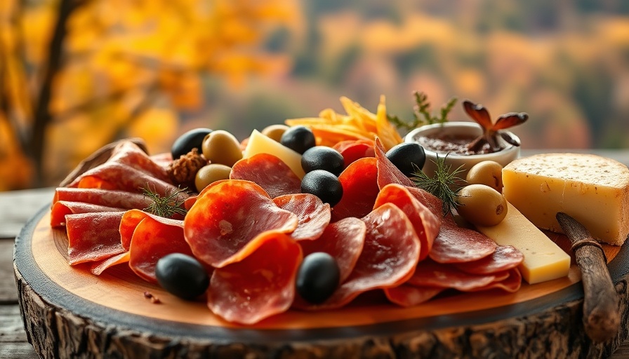 Delicious charcuterie featuring assorted salami, cheese, and olives outdoors.