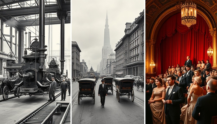 Triptych depicting Gilded Age innovation, urban scene, and theater.