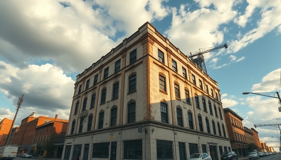 Industrial building facade in urban development setting