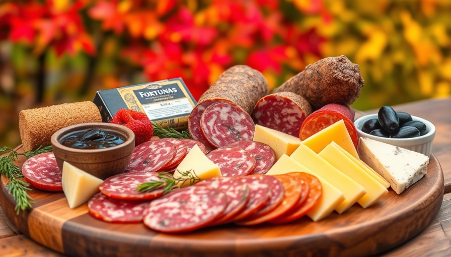 Fortuna’s Salami on a charcuterie board with cheese and olives.