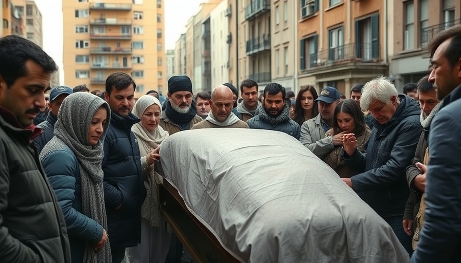 Gaza air strike tragedy: grieving group around body in street.