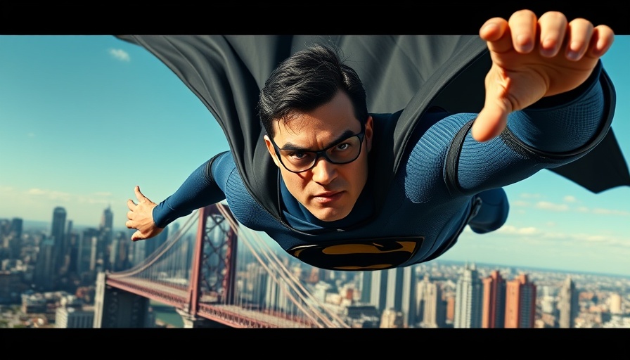Iconic superhero flying over New York City skyline, comic book history.