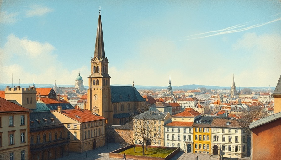 Painter's depiction of historical cityscape and greenspace.