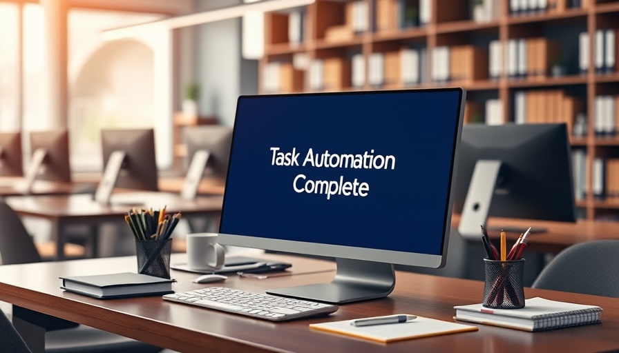 Office with computer showing task automation complete, Autonomous Business Workflows LLMs Action AI