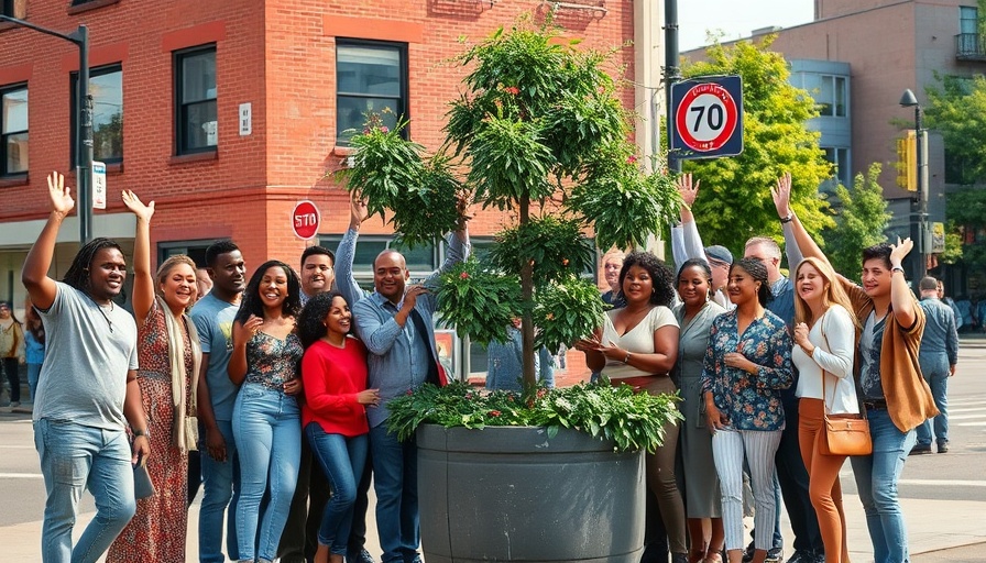 Potted Trees on Seventh Avenue group celebrating on street corner.