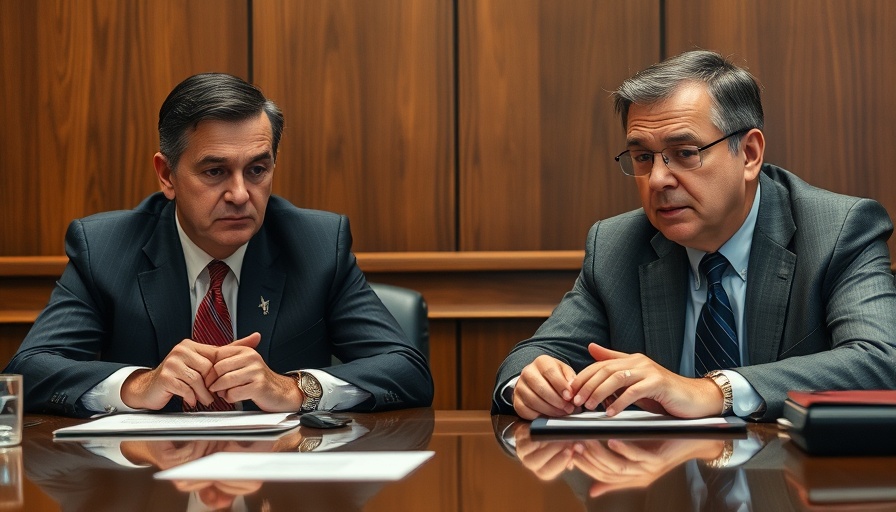 Two officials discussing serious matters in a conference setting, serious expressions, indoor environment.
