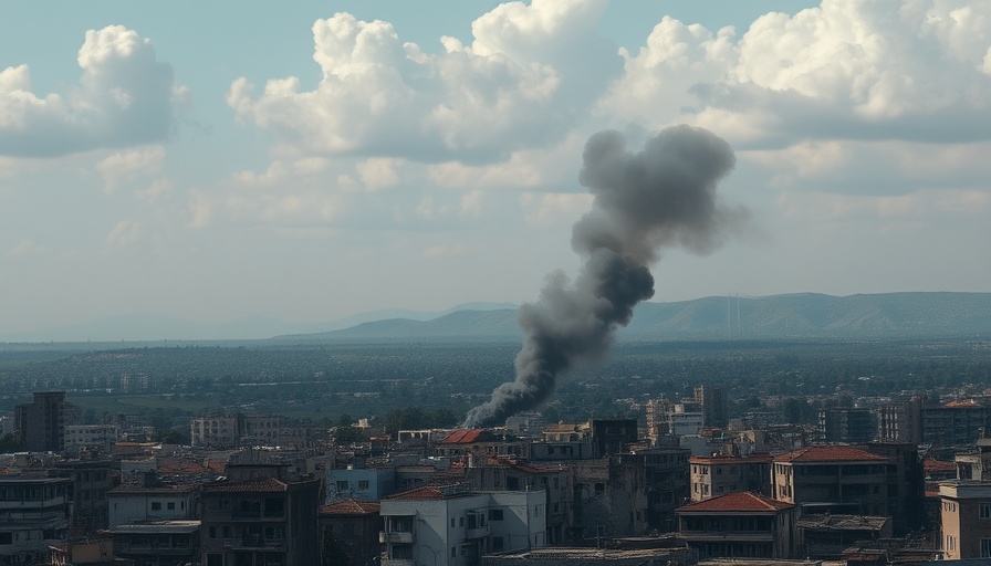 Skyline with smoke indicating conflict in Syrian city.