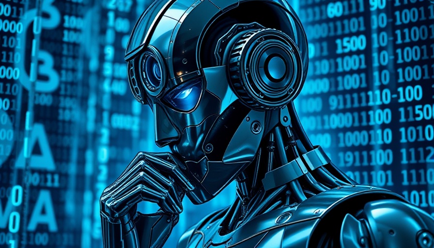 Futuristic robot pondering data, smart coach for LLMs theme