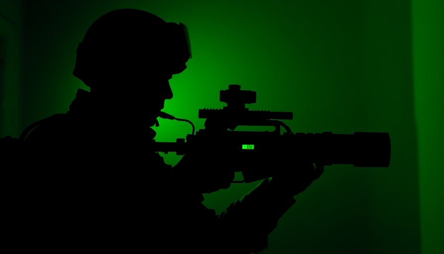 Silhouetted figure with night vision, suggesting espionage.