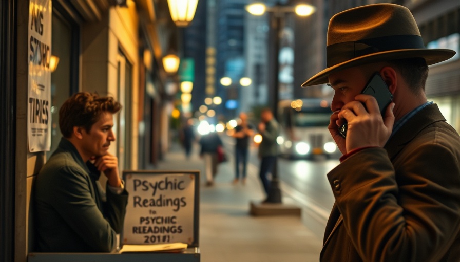 Psychic fraud investigation scene with psychic reading sign and man on phone.