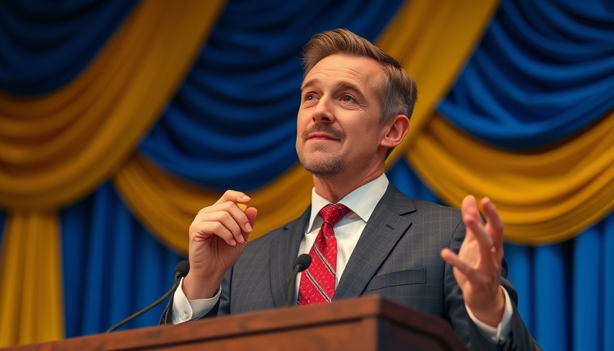 Confident speaker at podium against blue and yellow background.
