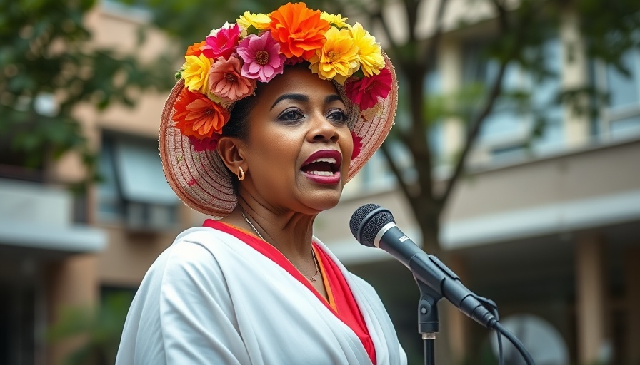 Woman in floral hat speaking about social justice outdoors.