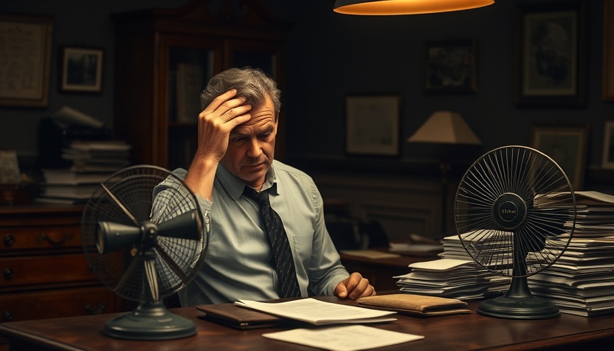 Man in vintage office sweating, illustrating life before air conditioning.