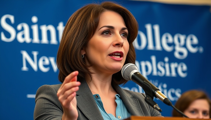 Confident woman speaks at Saint Anselm College, political event backdrop.