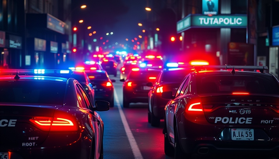 Police vehicles at nighttime crime scene in Midtown Manhattan.