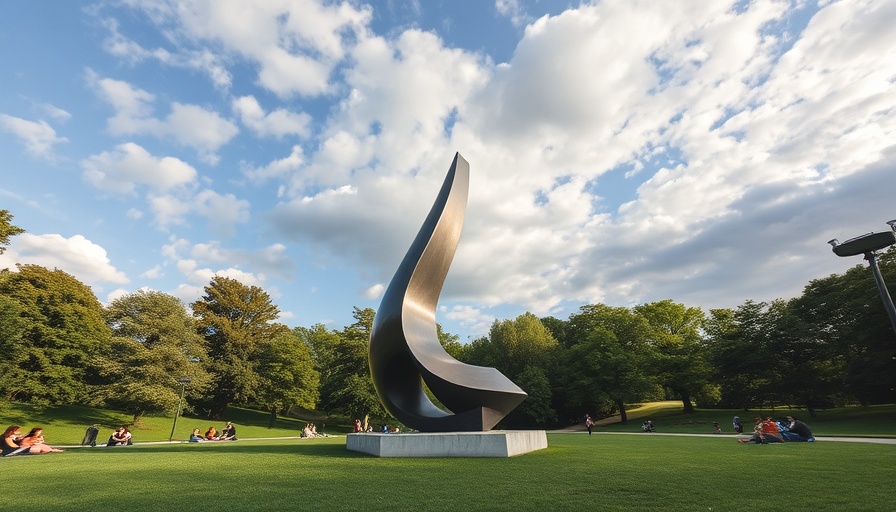 Wagner Park sculpture amid lush greenery and cloudy sky.