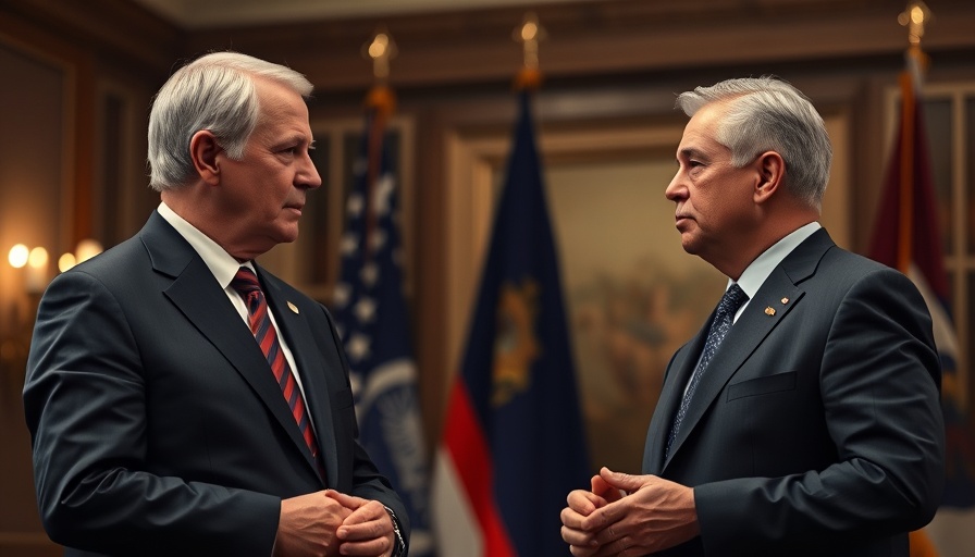 Political leaders discussing tariffs, formal meeting setting.