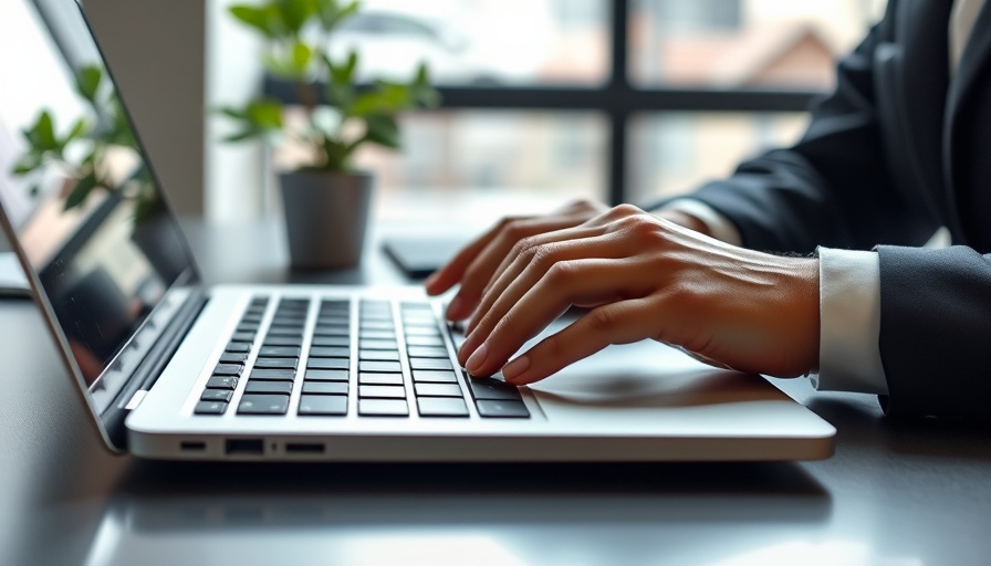 Hands typing on laptop in a bright office, highlighting online activity related to scams.