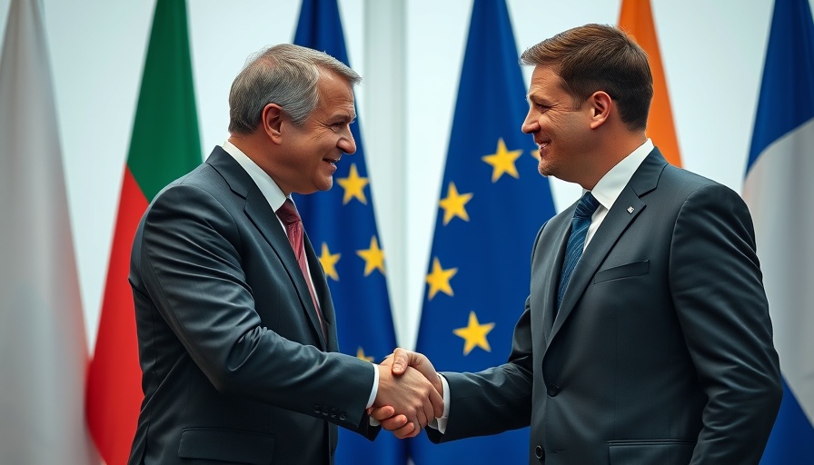 Diplomatic handshake at summit with flags in background.