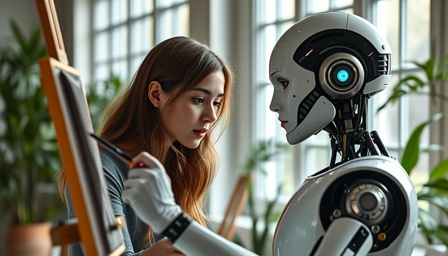Young woman painting a robot in a studio, context engineering in AI prompts.