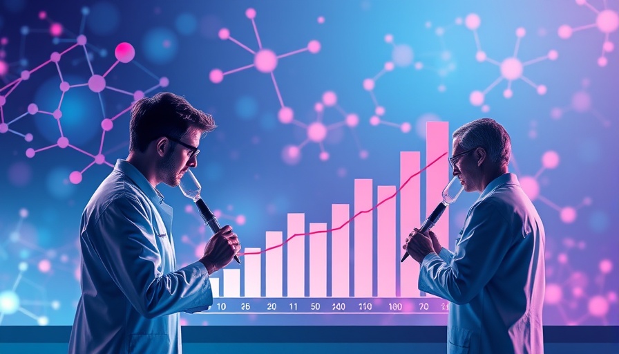 Abstract scientists with bar chart on molecule data in blue and pink gradient.