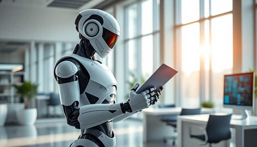 AI-driven client apps API interaction with robot in office.