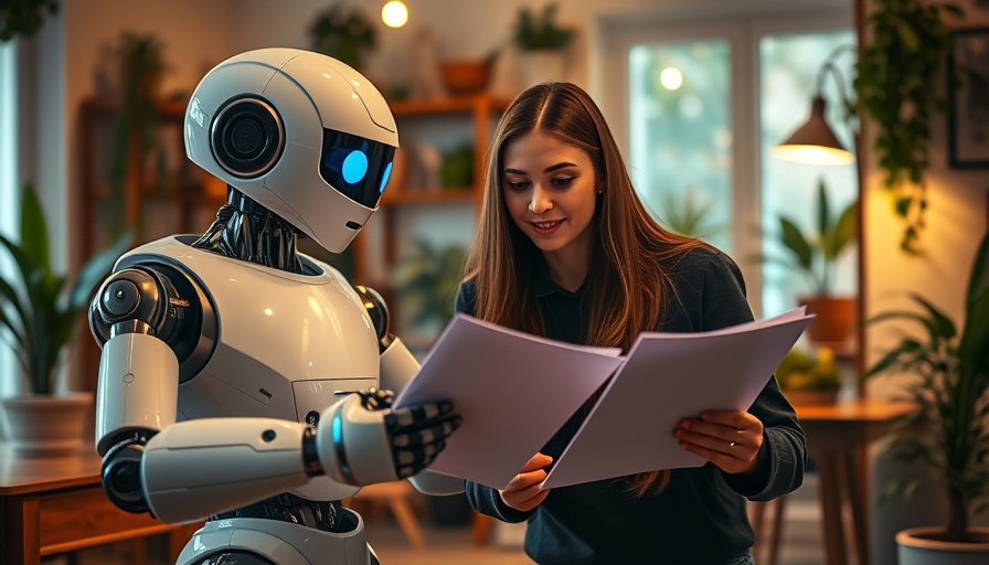 AI-driven strategies for promotion, robot and woman collaboration in a cozy room.