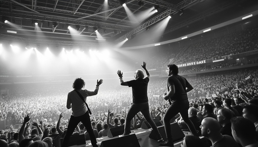 The Beatles performing in New York City stadium, vintage black and white.