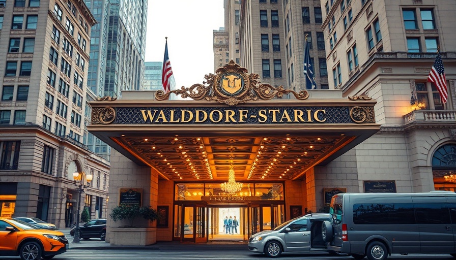 Waldorf-Astoria Hotel entrance with flags and traffic in city setting