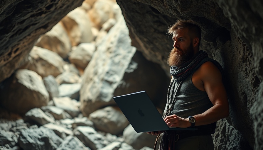 Caveman with laptop in cave, illustrating how to use AI technology effectively.