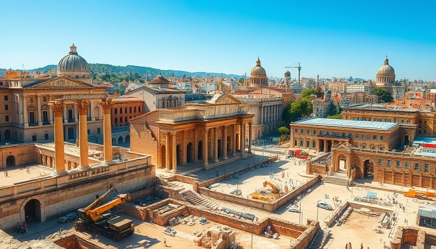 Excavation of ancient Roman apartment building in cityscape.