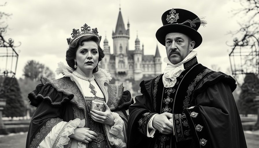 Vintage portrait of actors in regal costumes at a park event.