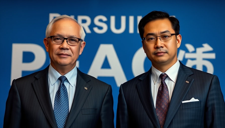 Two leaders standing at a political event with 'Pursuing Peace' backdrop.