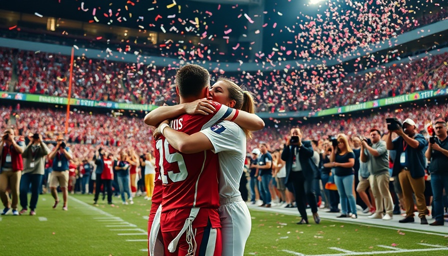 Joyful field celebration, woman embraces player, vibrant stadium scene.