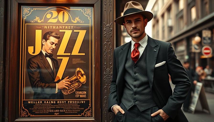 Gershwin in a suit next to Rhapsody in Blue jazz poster.