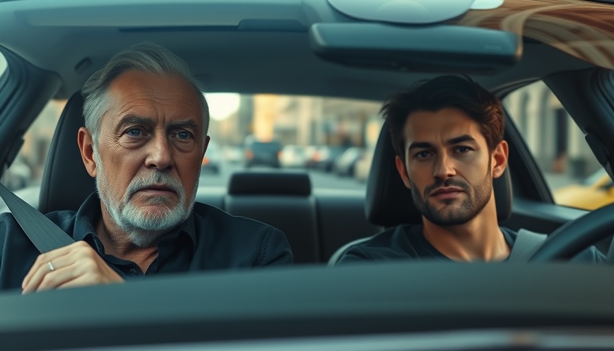 Older man and younger man in car, serious expressions, city street view.