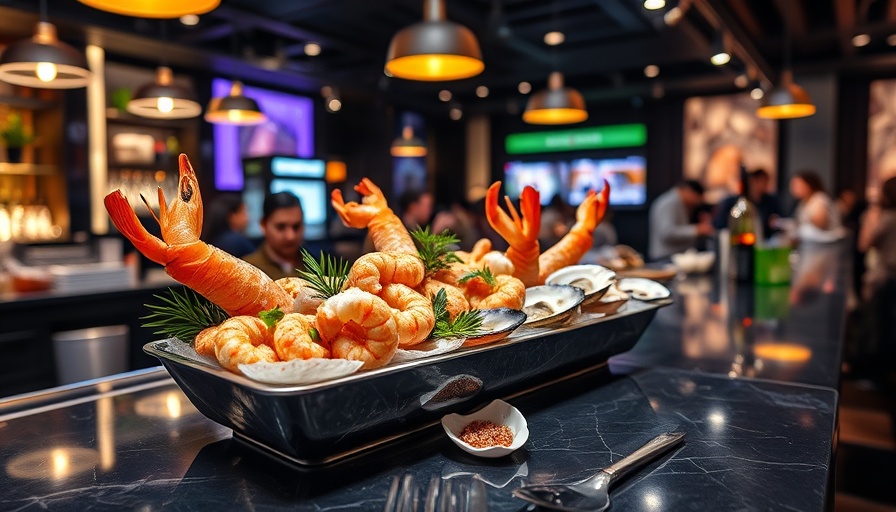 Tracks Raw Bar and Grill NYC: Chic seafood cocktail with shrimp and oysters on bar.