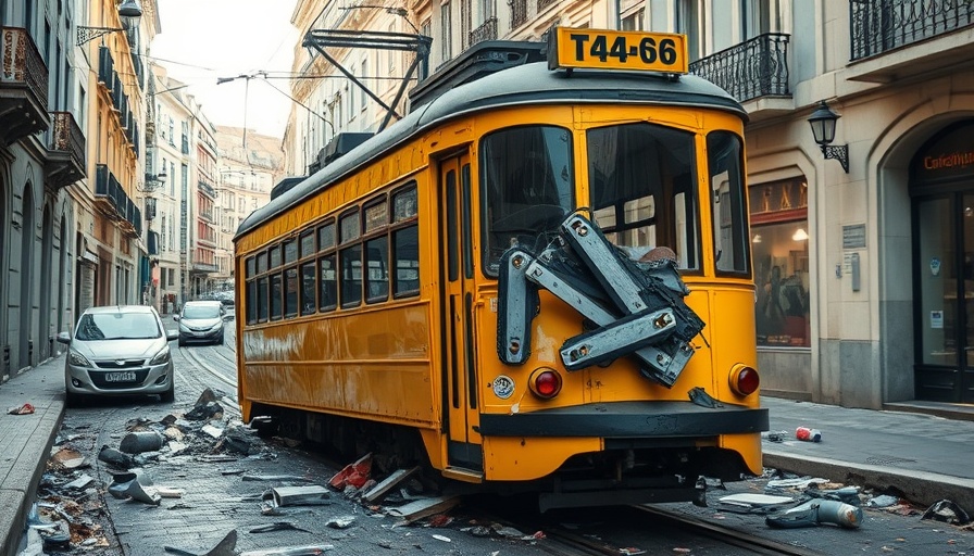 Lisbon funicular crash aftermath on city street with debris.