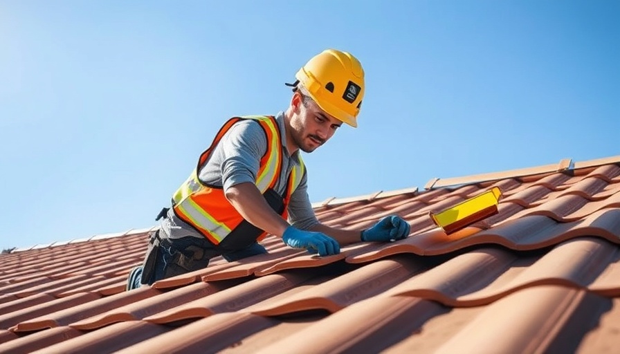 Worker arranging roof tiles under clear sky, jobs report prediction.