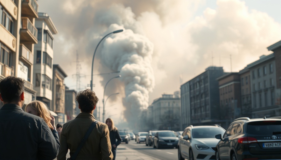 Smoke rises in urban area, people observe during daylight.