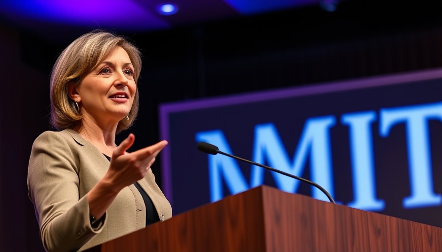 Confident female speaker discusses future of generative AI at MIT event.