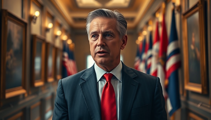 Man speaking in a hallway, flags and paintings in background.