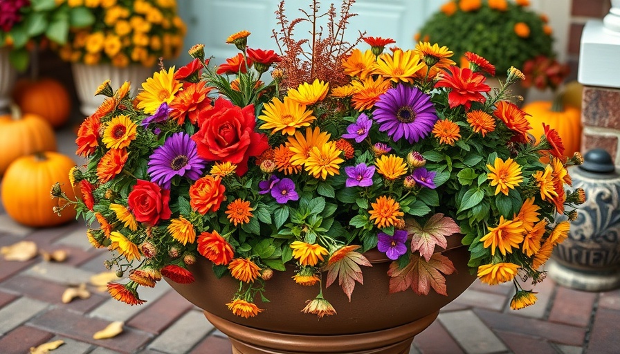Colorful autumn container garden with flowers and pumpkins, fall scene.