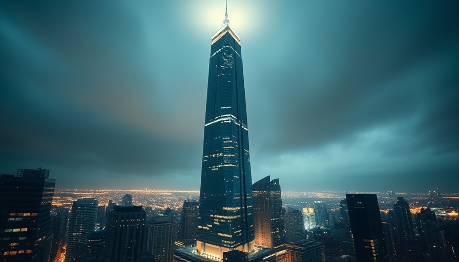 Tallest building in the United States glowing at night with cityscape.