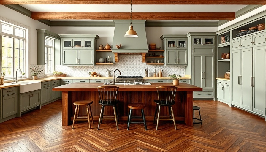 Spacious modern rustic kitchen with wooden island and green cabinets.