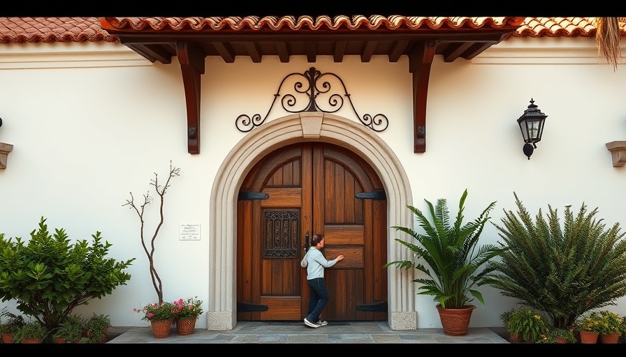 Charming Spanish Colonial Revival entrance with grand door and terra cotta roof.