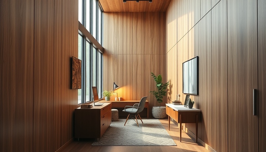 Latest home office trends in modern narrow design with wooden paneling and natural light.