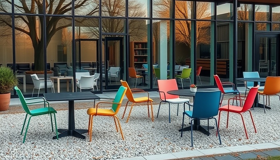 Dezeen Showroom pieces: modern outdoor furniture on gravel patio.