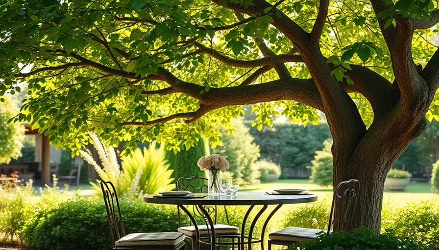 Outdoor dining with cushioned seats under a tree, enhancing dining routine.