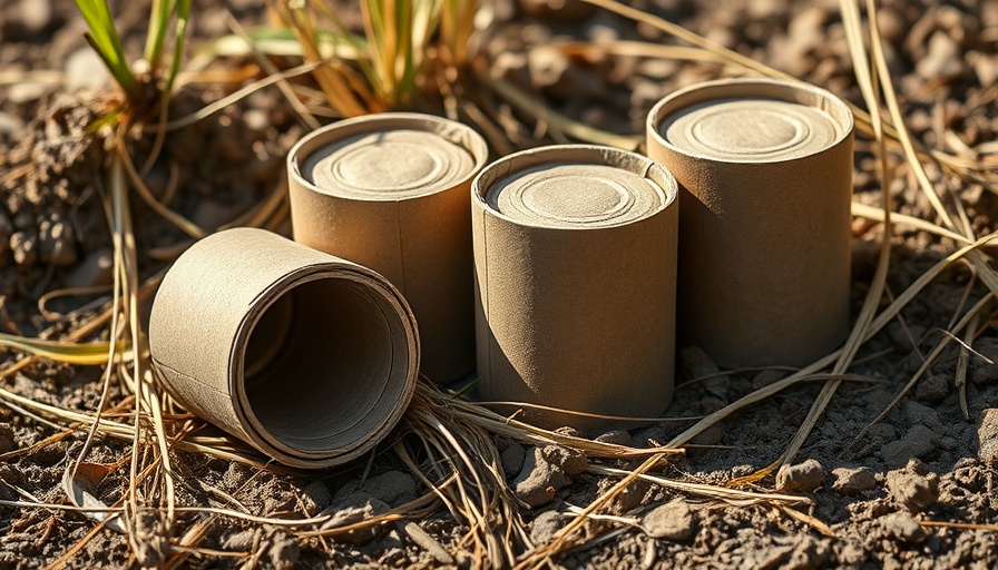 Earth-toned cardboard-confined rammed earth cylinders in grass.